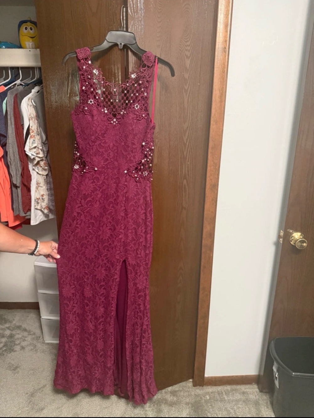 City Triangles Burgundy Lace Beaded Prom Gown